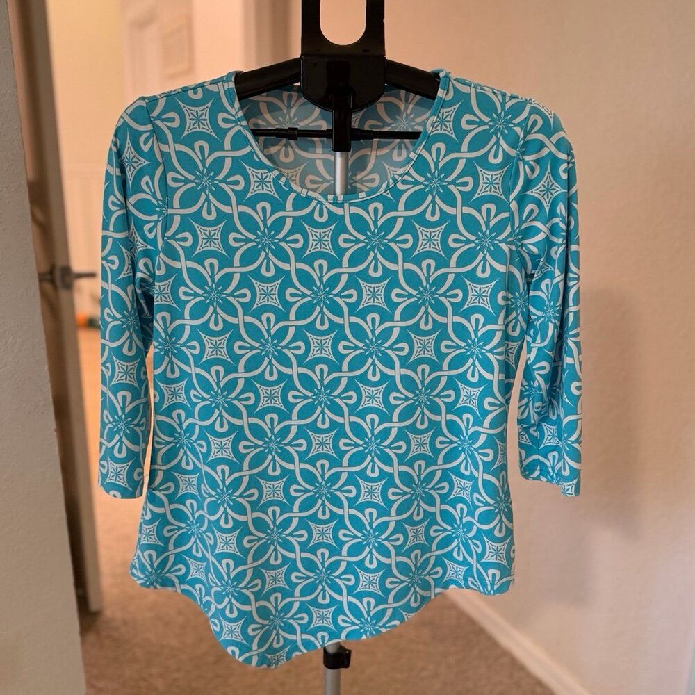 Lulu-B Asymmetrical 3/4 Sleeve Turquoise Geometric Floral Top Women’s Small